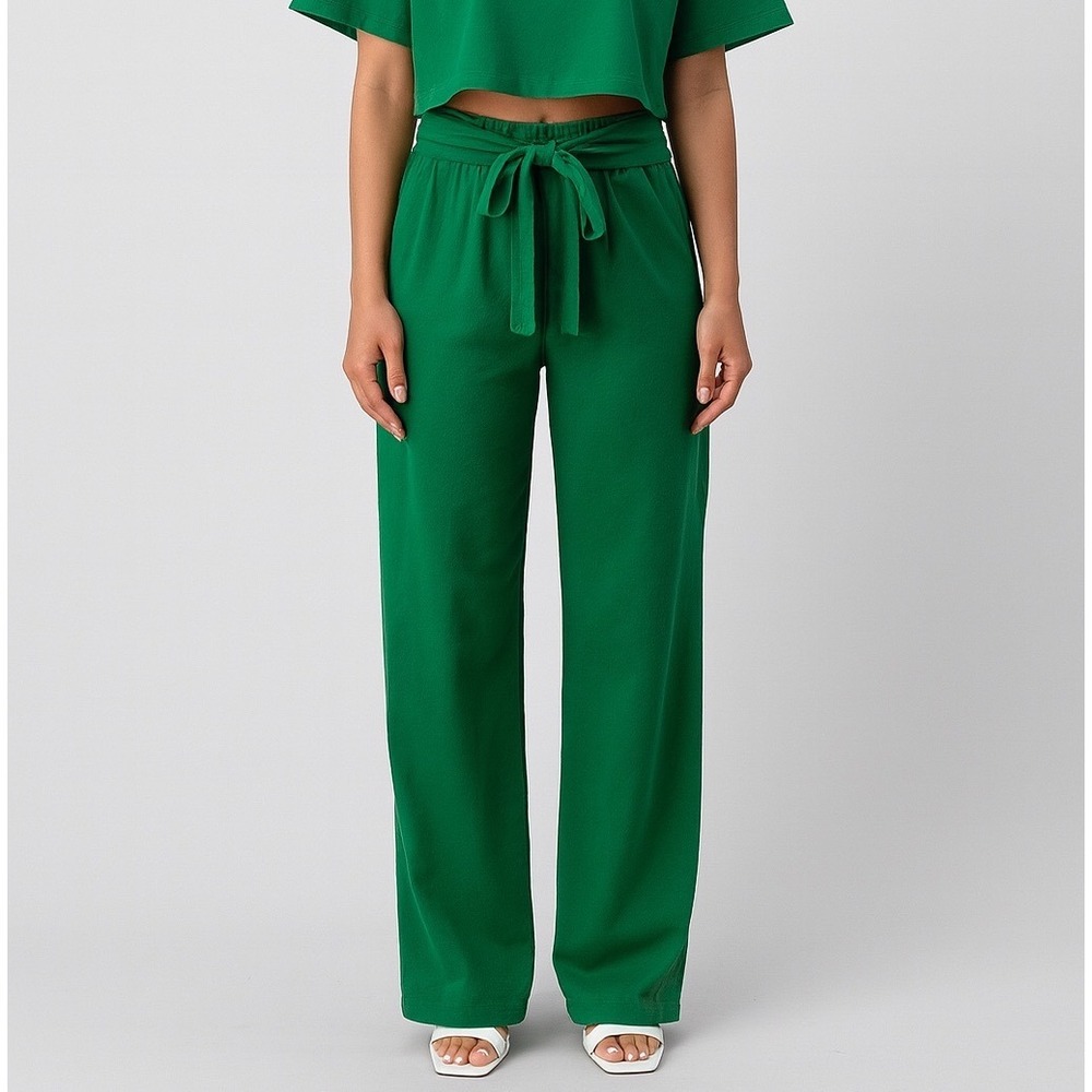 ZARA Emerald Green‎ Wide Leg Tie Waist Pants XL Fairycore Resortwear 97-32